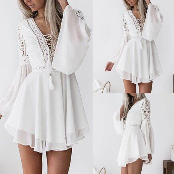 Private Label Dresses & Skirts - Boho White Lace Long Sleeve V-neck Women Dress